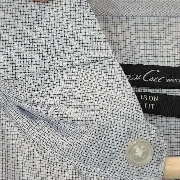 Kenneth Cole Dress Shirt 2XL Men Size 18 34/35 Light Blue Grid Check Long Sleeve - Picture 9 of 12